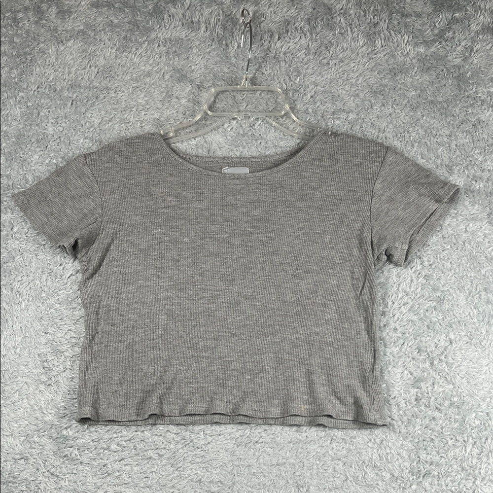 Lush Light Gray Ribbed Short Sleeve Top